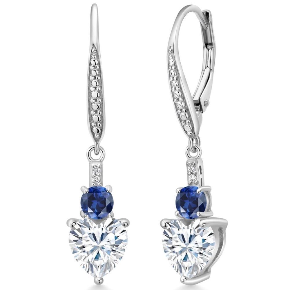 925 Sterling Silver with 3.13 Cttw Moissanite and Blue Sapphire Heart Earrings